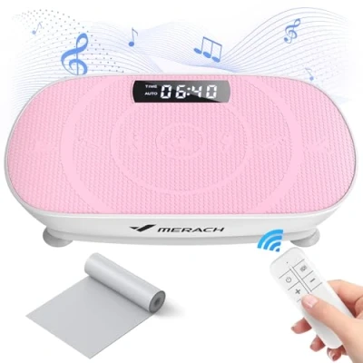 Abbildung von MERACH Vibrationsplatte, Leistungsstarke Vibrationsplattform für Ganzkörpertraining, Muskelaufbau und formung, Automatische Geschwindigkeitsregelung, Eingebauter Bluetooth Lautsprecher (Rosa)
