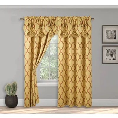 Abbildung von Elegant Comfort Jacquard Optik Vorhang Set mit angenähtem Wasserfall Volant, (2 Stück), 137 x 213 cm, Vierpass Muster, Gold