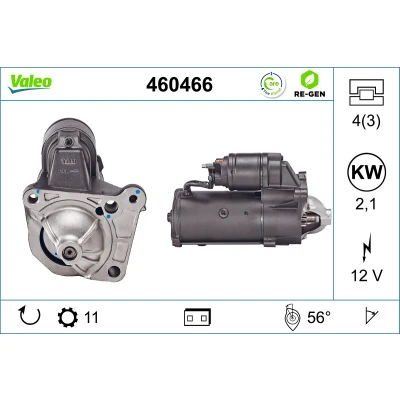 Abbildung von VALEO 460466 Anlasser 12 2,1 11 RENAULT: SCENIC 2, ESPACE 4, MEGANE 2 Coupe Cabriolet, OPEL: Vivaro A Kastenwagen, Combi
