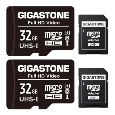 Abbildung von Gigastone 32GB MicroSDHC Speicherkarte 2er Pack + SD Adapter, für Action Kamera, GoPro, Drohne und Tablet, Lesegeschwindigkeit bis zu 90MB/s, Full HD Videoaufnahme, Micro Karte UHS I Klasse 10 U1