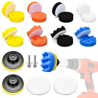 Abbildung von 3 Zoll Polierschwämme Auto, 22 Tlg Polierpads Klett, Polieraufsatz Akkuschrauber, Politur Schwamm Set mit 2 M10 Adapter Bohren für Exzenter Poliermaschine Schleifmaschine
