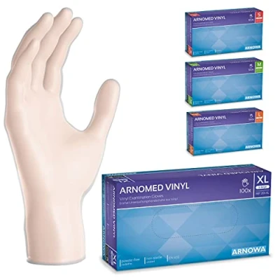 Abbildung von ARNOMED Einweghandschuhe XL, Vinyl Handschuhe, Einmalhandschuhe mit 100 Stück/Box, Handschuhe Einweg puderfrei, Gummihandschuhe latexfrei, in S, M, L, XL