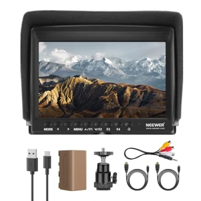 Abbildung von NEEWER F100 7 Zoll Kamera Field Monitor HD Video Assist IPS 1280x800 HDMI 1080p mit 4400mAh F750 Akku, Sonnenschutzhaube &amp; 360 Kugelkopf für DSLR Kameras, Handstabilisator, Film Making Rig