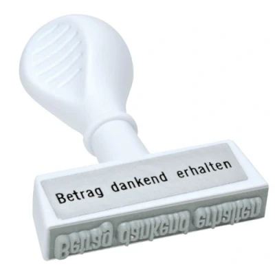 Abbildung von WEDO 1937 Lagertext Stempel Betrag Dankend Erhalten, Kunststoff, Abdruckbreite 45 mm ergonomischer Griff, weiß