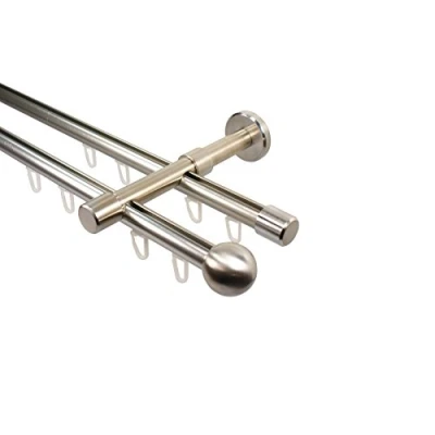 Abbildung von iso design Edelstahl Optik Innenlauf Gardinenstange 2 läufig 16 mm mit Endstück Kugel, 240 cm (2 x 120 cm)