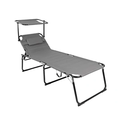 Abbildung von Spetebo XXL Aluminium Gartenliege mit Sonnendach Grau Sonnenliege gepolstert Kopfkissen Relax Garten Sonnen Liege breiter Liegefläche Dach Kissen