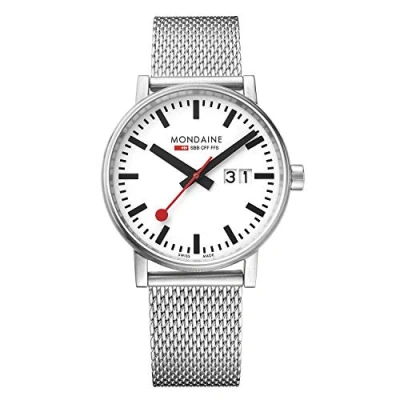 Abbildung von Mondaine Evo2 MSE.40210.SM Herrenuhr 40mm Bahnhofsuhr in Silber Datumsanzeige Edelstahl Armband 30m Wasserdicht Saphirglas mit rotem Sekundenzeiger Hergestellt der Schweiz