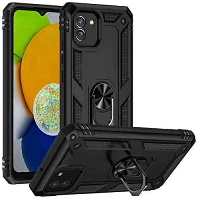 Abbildung von Verco Hybrid Armor Shiel Case für Samsung Galaxy A03 Hülle, extrem robust mit Magnet Fingerring Halter Handyhülle Panzerhülle, Schwarz