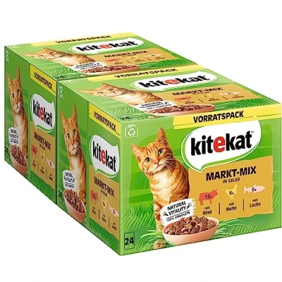 Abbildung von Kitekat Katzenfutter Nassfutter Markt Mix in Gelee Feuchtfutter 48 Portionsbeuteln 2er Pack (2 x 24 Portionsbeutel à 85g)