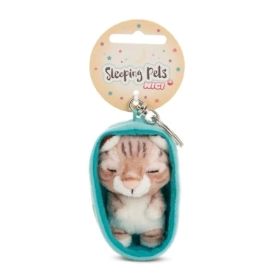 Abbildung von NICI Schlüsselanhänger Sleeping Pets Katze getigert 8cm in Körbchen braun Treuer Begleiter für Rucksack oder Tasche, Schlüsselhalter klein und Groß 61608