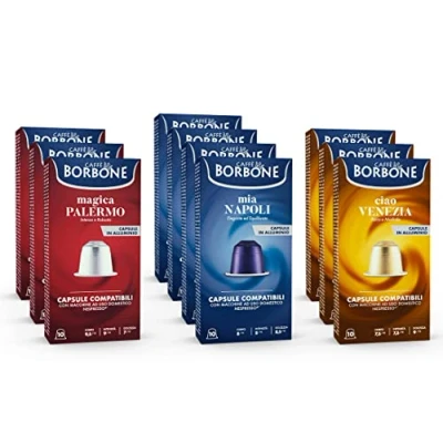 Abbildung von Caffè Borbone Verkostung Kit, 100 Aluminium Kapseln: 40 Mia Napoli, 30 Ciao Venezia, Magica Palermo, (10 x 10 Stück) Kompatibel mit Kaffeemaschinen für den Hausgebrauch der Marke Nespresso®*
