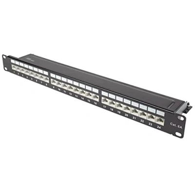 Abbildung von Good Connections® Patchpanel / Patchfeld 19&quot; Servermontage Rackeinbau Cat. 6A, 500 MHz 10 GIGABIT fähig 24 Port 1 HE STP geschirmt werkzeugloses Öffnen Tiefschwarz (RAL9005)