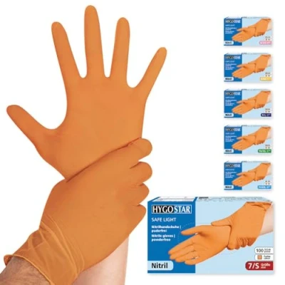Abbildung von Franz Mensch Hygostar Nitrilhandschuhe Safe Light puderfrei, orange, 7/S, 24cm, 100 Stück, Einweghandschuhe, Einmalhandschuhe, in Gr. XS, S, M, L, XL &amp; XXL verfügbar