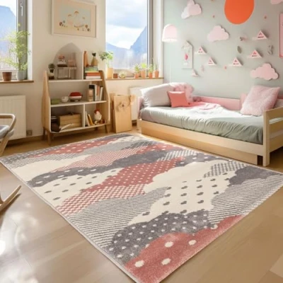 Abbildung von SIMPEX24 Teppich Wolken Design, Läufer, Höhe: 10 mm, Kinderzimmer Wolke Design Kinder Rosa Babyzimmer