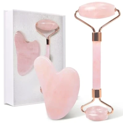 Abbildung von GUGUG Rosenquarz Roller und Gua Sha Stein, Natural Jade for Facial Massage, Face Eye Puffiness, Skin Tightening