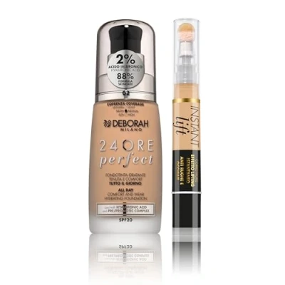 Abbildung von Deborah Milano Make up Set, flüssiges up, 24 Stunden Perfect, SPF 20, N.02 True Beige, mit Hyaluronsäure, 30 ml und Concealer Instant Lift, Nr. 3.1 Nude, beleuchteter Anti Falten Effekt, 4,2