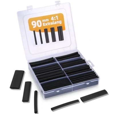Abbildung von LEAZZLE 100 Stück Schrumpfschlauch Set, 90mm Extra Lange, 4:1 Schrumpfschläuche mit Kleber, Doppelwand Heat Shrink Tube Wasserdicht für Elektrische Isolierung und Kabelverbinder(5 Größen, Schwarz)