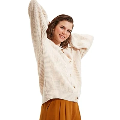 Abbildung von TRENDYOL Damen Haarzopf Lange Ärmel Plus Size Strickjacke Cardigan Sweater, Stone, S Größen
