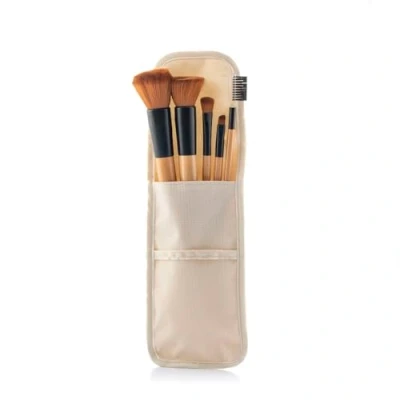 Abbildung von InnovaGoods 5 Stück Schminkpinselset aus Holz mit Transporttasche, Ergonomisches Design, Umweltfreundlich, Weiches Kunsthaar, Ideal als Geschenk, Beige Schwarz,