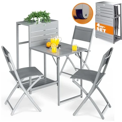 Abbildung von Casaria® Balkonmöbel Set 3 Stühle Tisch Klappbar Platzsparend inkl. Rollen Wetterfest Stahl Pulverbeschichtet Garten Terrasse Möbel Sitzgruppe Grau