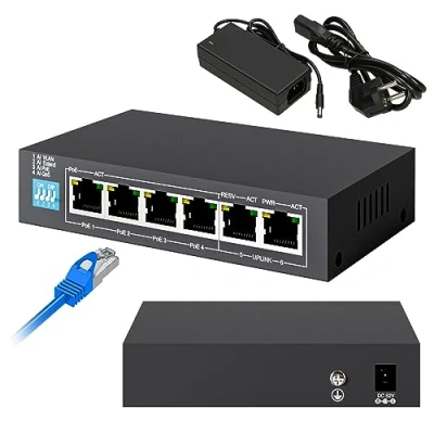 Abbildung von Extralink Switch Euros V2, 4X 10/100Mb/s PoE/PoE+, 2X RJ45 Uplink, unmanageable, 60W, Passive PoE, Netzwerk Switch, Ethernet LAN Fast Ethernet, 4 Betriebsarten, Auto MDI/MDIX