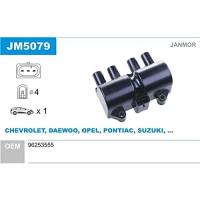 Abbildung von JANMOR JM5079 Zündspule CHEVROLET: Matiz, Kalos Schrägheck, Nubira Kombi, DAEWOO: Lanos Matiz I Schrägheck