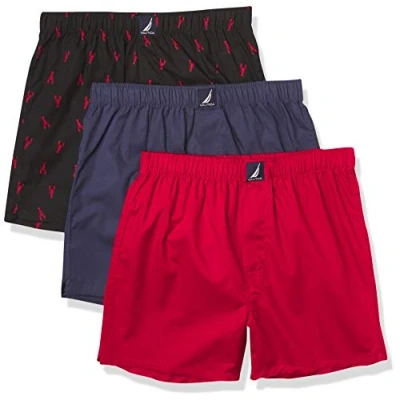 Abbildung von Nautica Herren Cotton Woven 3 Pack Boxers Boxershorts, Rot/Peacoat/Lobster Schwarz, Medium