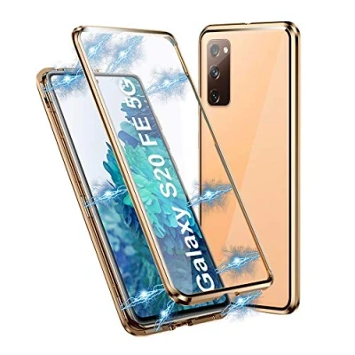 Abbildung von HaptiCase Schutzhülle für Samsung Galaxy S20 FE 5G, magnetische Adsorption, stoßfest, doppelseitig transparent, Hartglas, Schutzhülle, Aluminium, Metallrahmen, 360 Grad Schutz, goldfarben