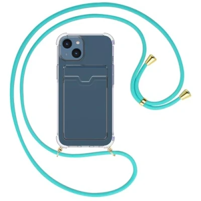 Abbildung von mtb more energy® Handykette mit Kartenfach kompatibel iPhone 15 türkis/Goldfarbene Ösen Smartphone Hülle zum Umhängen Anti Shock Full TPU Case