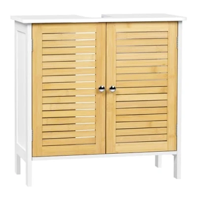 Abbildung von EUGAD Waschbeckenunterschrank, Badezimmerschrank, Unterschrank Badezimmer, mit Doppeltür, aus Bambus MDF, 60x60x30 cm, Weiß + Bambusfarbe