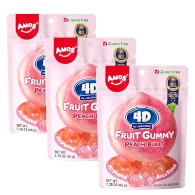 Abbildung von Amos 4D Fruchtgummi mit Pfirsichfüllung, 3D Mini Pfirsichform, Fruchtsnack natürlichem Pfirsicharoma, 65g Beutel (3er Pack)