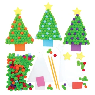 Abbildung von Baker Ross FE903 Weihnachtsbaum Pom Bastelsets 5er Pack, Selbstklebende Karte mit farbigen PomPoms zum Basteln für Kinder, Weihnachtsbastelaktivitäten