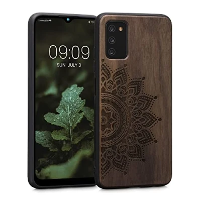 Abbildung von kwmobile Hülle kompatibel mit Samsung Galaxy A03s Holz Case Handy Cover TPU Handyhülle in Dunkelbraun Aufgehende Sonne