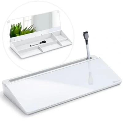 Abbildung von Varhomax Schreibtisch Whiteboard aus Glas mit integriertem Spiegel, Desktop Aufbewahrung, To Do Liste, Notizblock, Begleiter und Tastaturständer für Zuhause