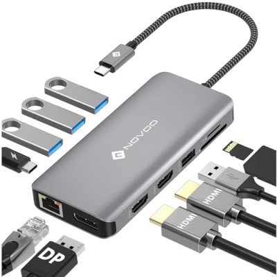 Abbildung von NOVOO Docking Station zu Dual HDMI, 11 in 1 Hub USB C auf Displayport, x 4, Gigabit Ethernet, PD 100W, SD/TF, für MacBook HP Dell XPS Lenovo