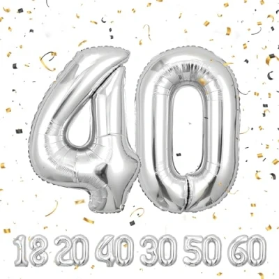 Abbildung von Geburtstag zahlen luftballon 40 jahre Folienballon Sliber in 40&quot; 101cm Geburtstagsdeko Ballon Zahl Deko zum fliegt mit Helium für Männer Frauen 40.Geburtstags