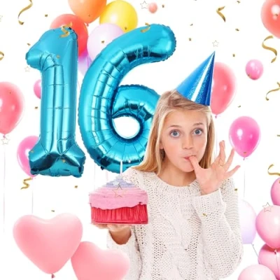 Abbildung von 16 Geburtstag Deko zahlen luftballon jahre Folienballon Blau für 16. Geburtstagsdeko Männer Frauen Ballon Zahl zum fliegt mit Helium 16.Geburtstagsparty 40&quot; 101cm