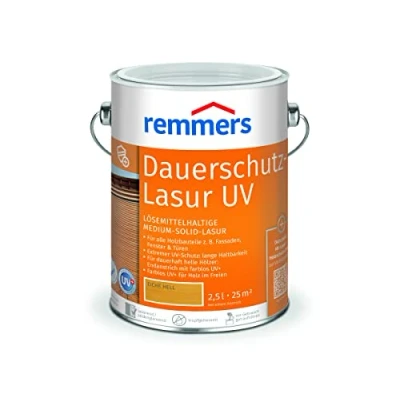 Abbildung von Remmers Dauerschutz Lasur UV eiche hell, 2,5 Liter, Dekorative Medium Solid für Außen, auch helle Farbtöne und farblos UV+, wetterbeständig