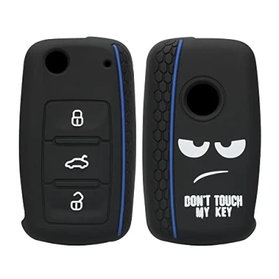Abbildung von kwmobile Autoschlüssel Hülle kompatibel mit VW Skoda Seat 3 Tasten Schlüsselhülle Don&#039;t Touch My Key Weiß Schwarz Blau