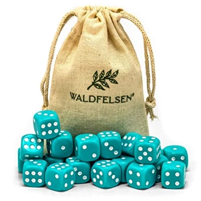 Abbildung von Waldfelsen 6, 12, 20, 30 oder 50 hochqualitative Würfel Standardgröße 16 mm Acrylwürfel Knobel Spielwürfel Dice 6 seitig sechsseitig Spielzubehör Set mit Stoffbeutel (Türkis, 20 Stück)