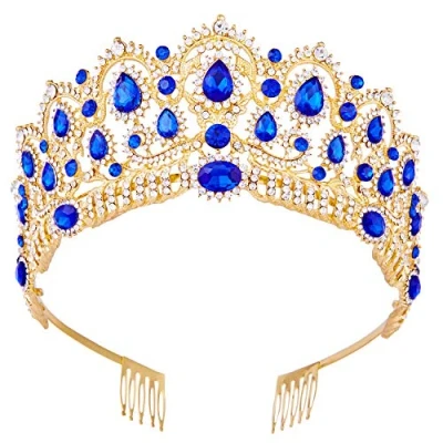 Abbildung von Vofler Tiara, goldene Krone Barock Vintage Stirnband Kristall Blau Strass Saphir Haarschmuck für Frauen Königin Damen Mädchen Braut Prinzessin Geburtstag Hochzeit Festzug Halloween Kostüm Party Kämmen