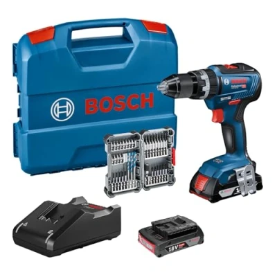 Abbildung von Bosch Professional 18V System Akku Schlagbohrschrauber GSB 55 (max. Drehmoment Nm, inkl. 2x 2.0Ah Akku, Ladegerät, 35tlg. Impact Zubehör Set, L Case) Amazon Exclusive Set