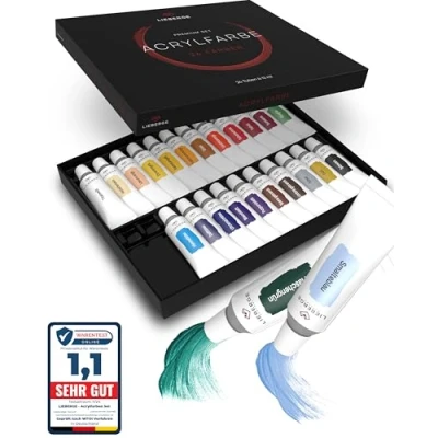 Abbildung von LIEBERGE Acrylfarben Set Premium 24 intensive Farben à 12ml mit hoher Deckkraft Acrylfarbe für Leinwand, Holz, Beton, Stein, Glas, Keramik uvm. (24 Farben, 12ml)