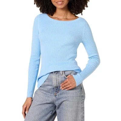 Abbildung von Amazon Essentials Damen Leichter, Gerippter Langarm Pullover mit U Boot Ausschnitt in schmaler Passform, Himmelblau, XL