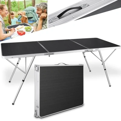 Abbildung von Onbest großer Klapptisch Gartentisch klappbar DREI Teilig Buffettisch, Campingtisch für 6 Personen aus robustem Kunststoff/Alu mit Holz MDF Platte drinnen &amp; draußen Tisch