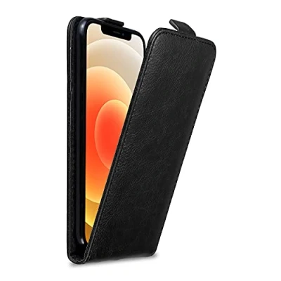 Abbildung von Cadorabo Hülle kompatibel mit Apple iPhone 12 Mini Flip Design aus Premium Kunst Leder Klappbare Stoßfeste Magnetische Cover für Tasche in Schwarz