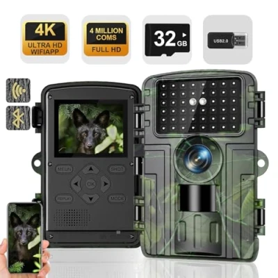 Abbildung von Wildkamera, 4K Video Wildtierkamera, 60MP Full HD WLAN mit Handyübertragung APP, Bewegungssensor, Nachtsicht, 0,1s Auslösezeit, Infrarot Wildkamera 32G Speicherkarte &amp; Kartenleser IP66 Wasserdicht
