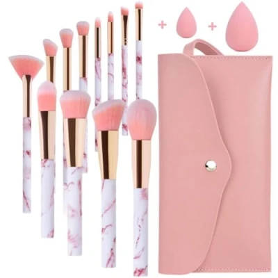 Abbildung von Make up Pinsel Set Start Makers 12 Stück Rosa Marmor Pinselset Makeup mit Concealer Foundation Lidschatten Beauty Blender und Tasche