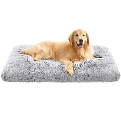 Abbildung von Feandrea Hundebett, Hundekissen, Flauschige Hundematte, Langer Plüsch, 122 x 74 cm, weiche Polsterung, waschbar, multifunktional, Ombré Grau PGW204G01