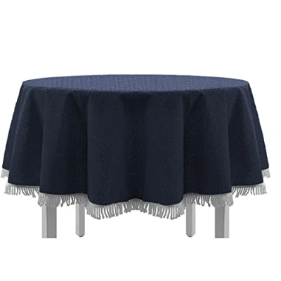 Abbildung von EXKLUSIV HEIMTEXTIL Gartentischdecke mit Fransen Tischdecke rund oval eckig Classic 130 cm blau